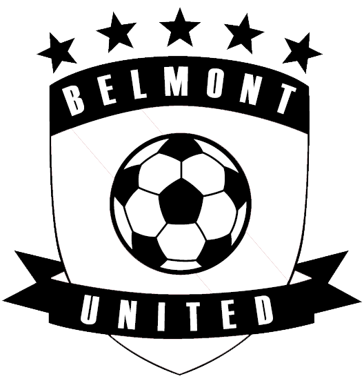 Black and white soccer crest for 'BELMONT UNITED' featuring a soccer ball inside a shield with five stars at the top.