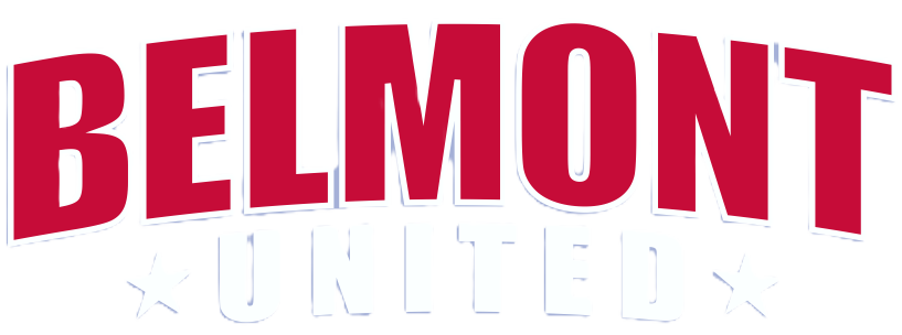 Logo for "Belmont United" with the word "BELMONT" in bold red arched capital letters above "UNITED" in white, flanked by two white stars.