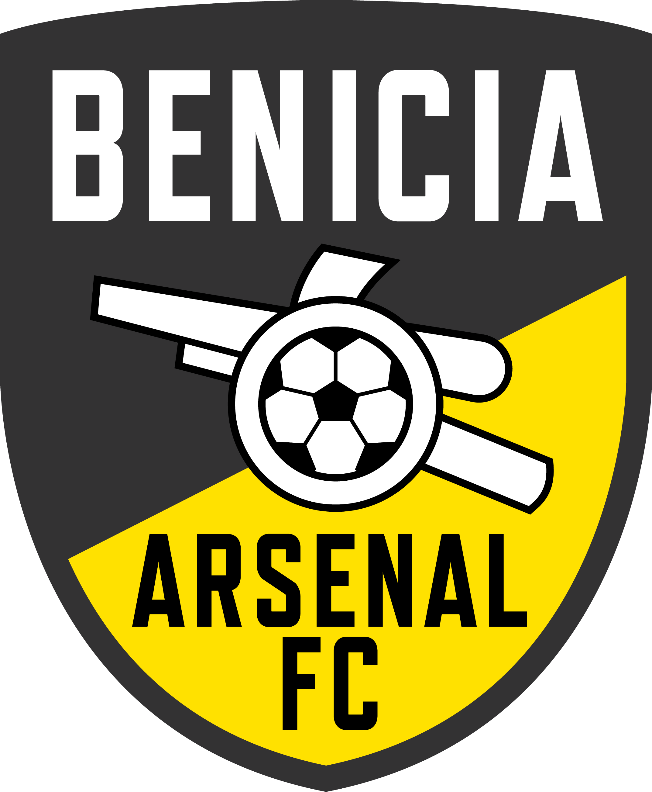 A shield-shaped crest for the Benicia Primary Logo, divided diagonally with a black top and yellow bottom. The top section features the word "BENICIA" in large white block letters, and the bottom section features "ARSENAL FC" in black. Centered in the middle is a white cannon with a soccer ball serving as its wheel.