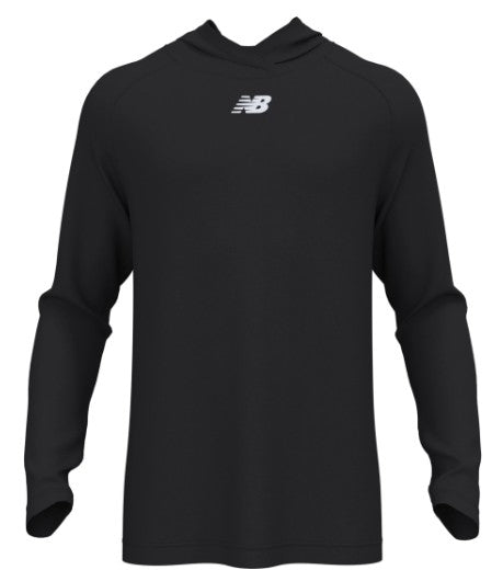 A black long-sleeved hoodie with a small white New Balance logo centered on the chest.