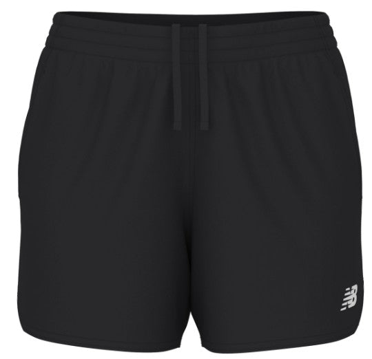 A pair of black New Balance athletic shorts with an elastic drawstring waistband and a small white logo on the bottom left leg.
