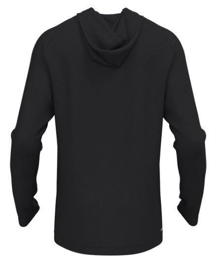 Back view of a long-sleeved, solid black hooded sweatshirt with raglan sleeves against a white background.