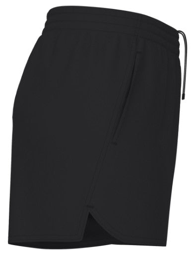 Side profile of black athletic shorts featuring an elastic waistband, a side pocket, and a small notched vent at the hem.