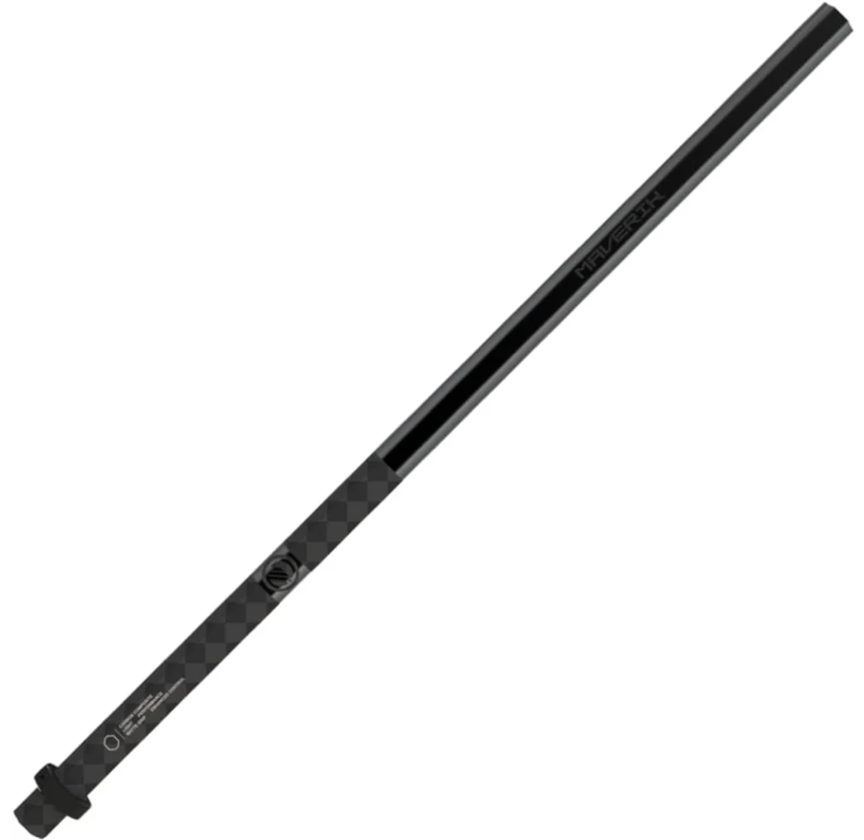 Black Maverik lacrosse shaft with a checkered carbon fiber pattern on the lower half and a solid top. Octagonal design with a black butt end cap.