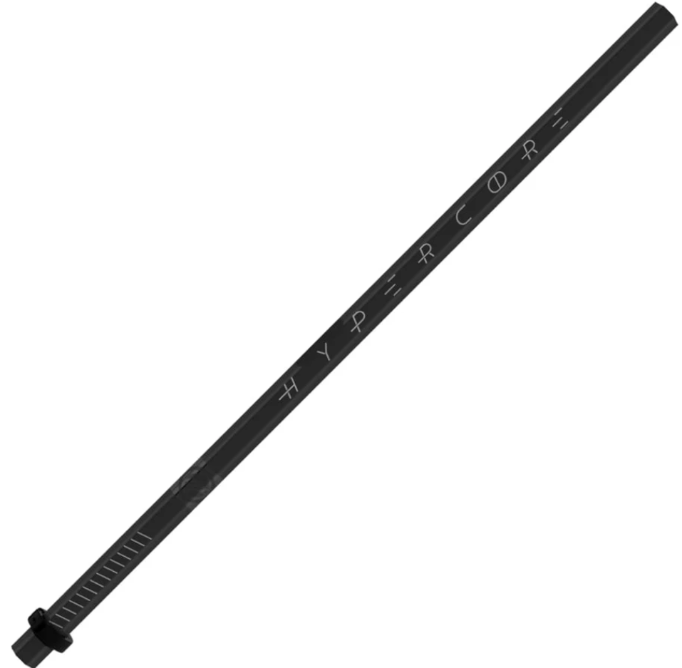 A black hexagonal lacrosse shaft with stylized vertical "HYPERCOR" text and linear markings near the base.