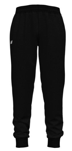 Black New Balance joggers with an elastic waistband, ribbed ankle cuffs, and a small white brand logo on the left hip.