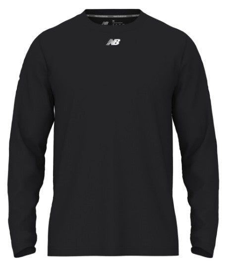 Black long-sleeved New Balance shirt with a small white logo on the center chest.