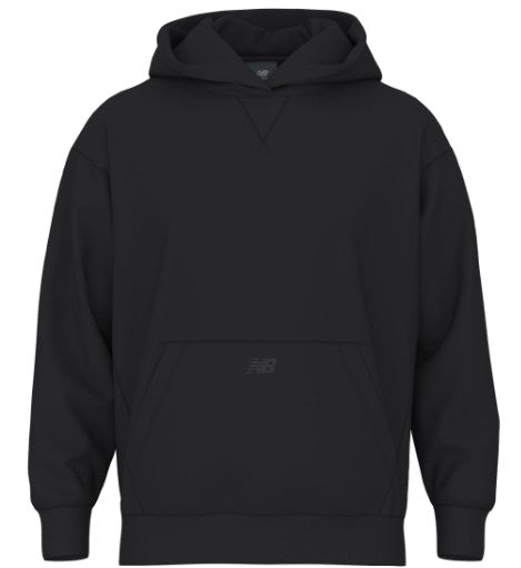 A black New Balance pullover hoodie with a kangaroo pocket, a small tonal logo on the pocket, and a classic hood. There is a V-stitch detail at the neckline.