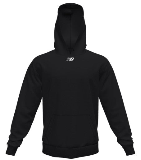 A solid black hoodie with a small white New Balance logo on the center chest, featuring a hood and a front kangaroo pocket.