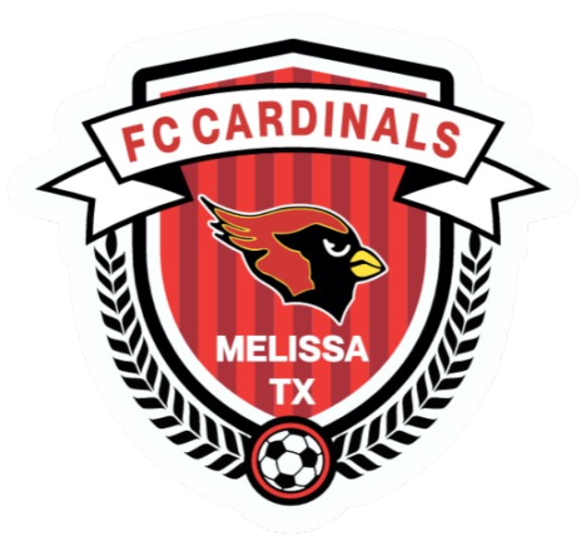 Shield-shaped logo for FC Cardinals of Melissa, TX, featuring a cardinal head over red vertical stripes, flanked by wheat stalks, with a soccer ball at the bottom center.