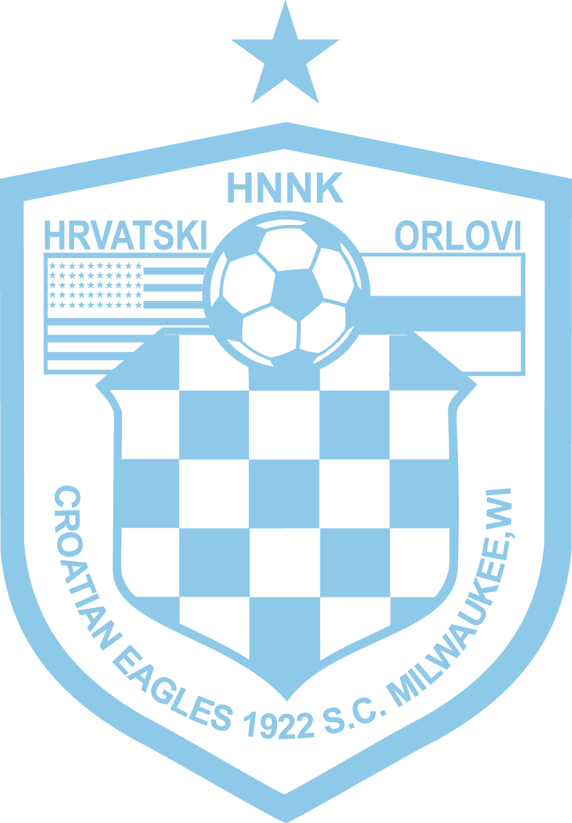 Light-blue logo for Croatian Eagles 1922 S.C. Milwaukee, WI, featuring a soccer ball, a checkered shield, and a single star at the top.