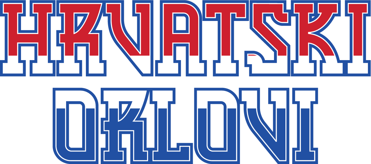 Graphic of "HRVATSKI ORLOVI" in a blocky collegiate font. "HRVATSKI" is red/white and "ORLOVI" is white/blue, both with a blue outline.