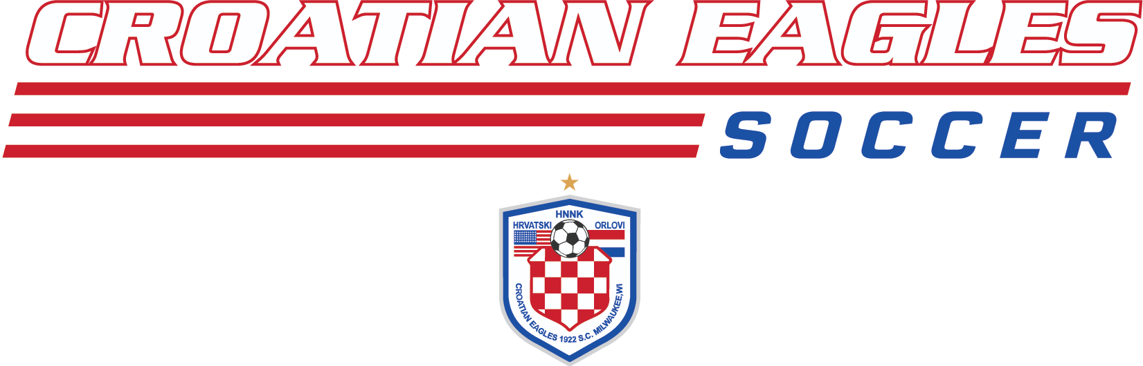 Logo for Croatian Eagles Soccer with red and blue text above a club crest featuring the US and Croatian flags, a soccer ball, and a red and white checkerboard shield.