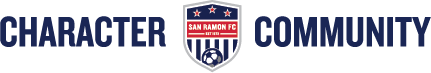 Logo for San Ramon FC with the words "CHARACTER" and "COMMUNITY" flanking the club's central shield crest.