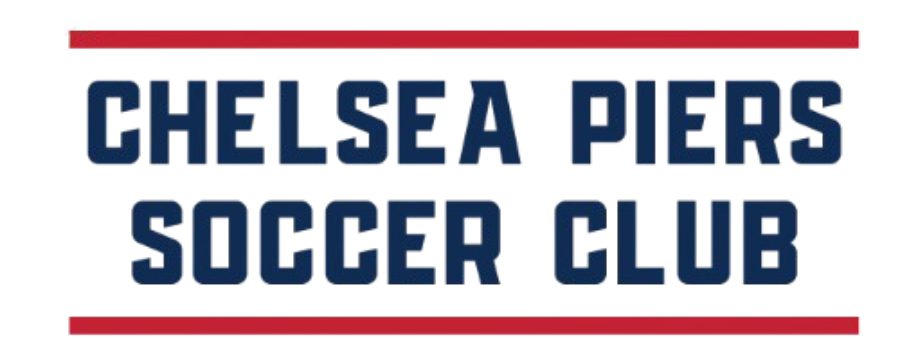 Logo for Chelsea Piers Soccer Club with bold navy blue text between two horizontal red stripes.