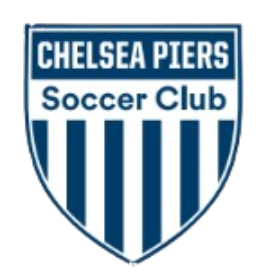 Logo for Chelsea Piers Soccer Club, featuring a shield with navy blue and white vertical stripes and the club name in text.