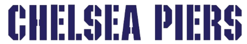 Navy blue stencil-style text that reads "CHELSEA PIERS" on a white background.