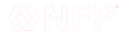 Logo for NFP, featuring a stylized geometric symbol and the letters "NFP" in a bold font.