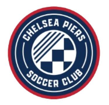 Circular navy, red, and white logo for Chelsea Piers Soccer Club with a stylized soccer ball graphic featuring stripes and a checkered pattern in the center.
