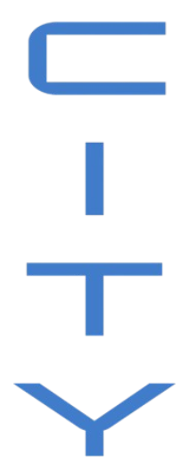 The word "CITY" written vertically in a blue, blocky, sans-serif font against a black background.