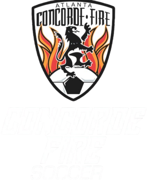 Atlanta Concorde Fire Soccer logo featuring a shield with a black lion on a soccer ball, flames, and the team name.