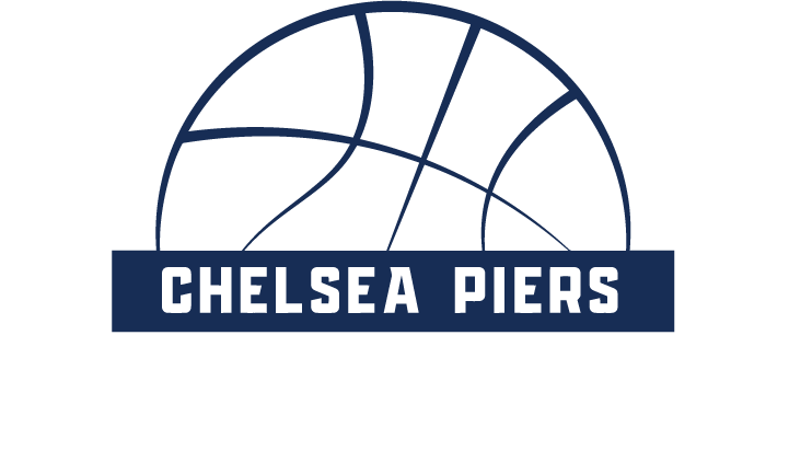Logo for Chelsea Piers Evolution featuring a stylized white basketball above a navy blue bar with text and the word "EVOLUTION" in large bold white letters.