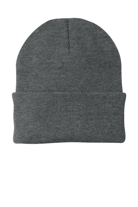 A dark gray knit beanie with a wide folded cuff.