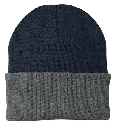 A knit beanie featuring a navy blue crown and a thick, folded charcoal grey cuff.