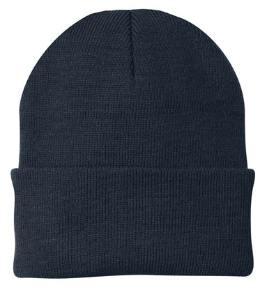 A navy blue ribbed knit beanie hat with a folded cuff, shown from the front against a white background.