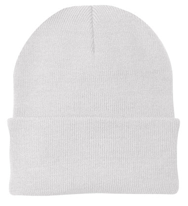 A plain white knit beanie hat with a folded cuff against a white background.