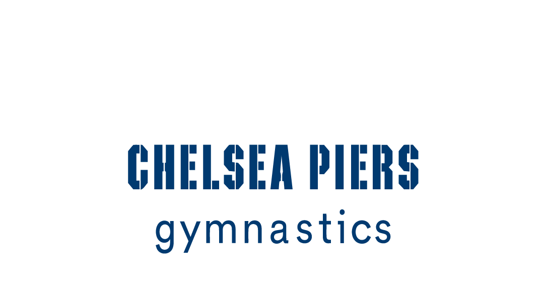 Chelsea Piers gymnastics logo in dark blue text on a black background.