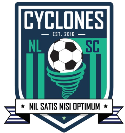 Shield logo for 'CYCLONES' soccer club with a soccer ball on a teal tornado. Includes 'EST. 2016', 'NL SC', and the Latin motto 'NIL SATIS NISI OPTIMUM'.