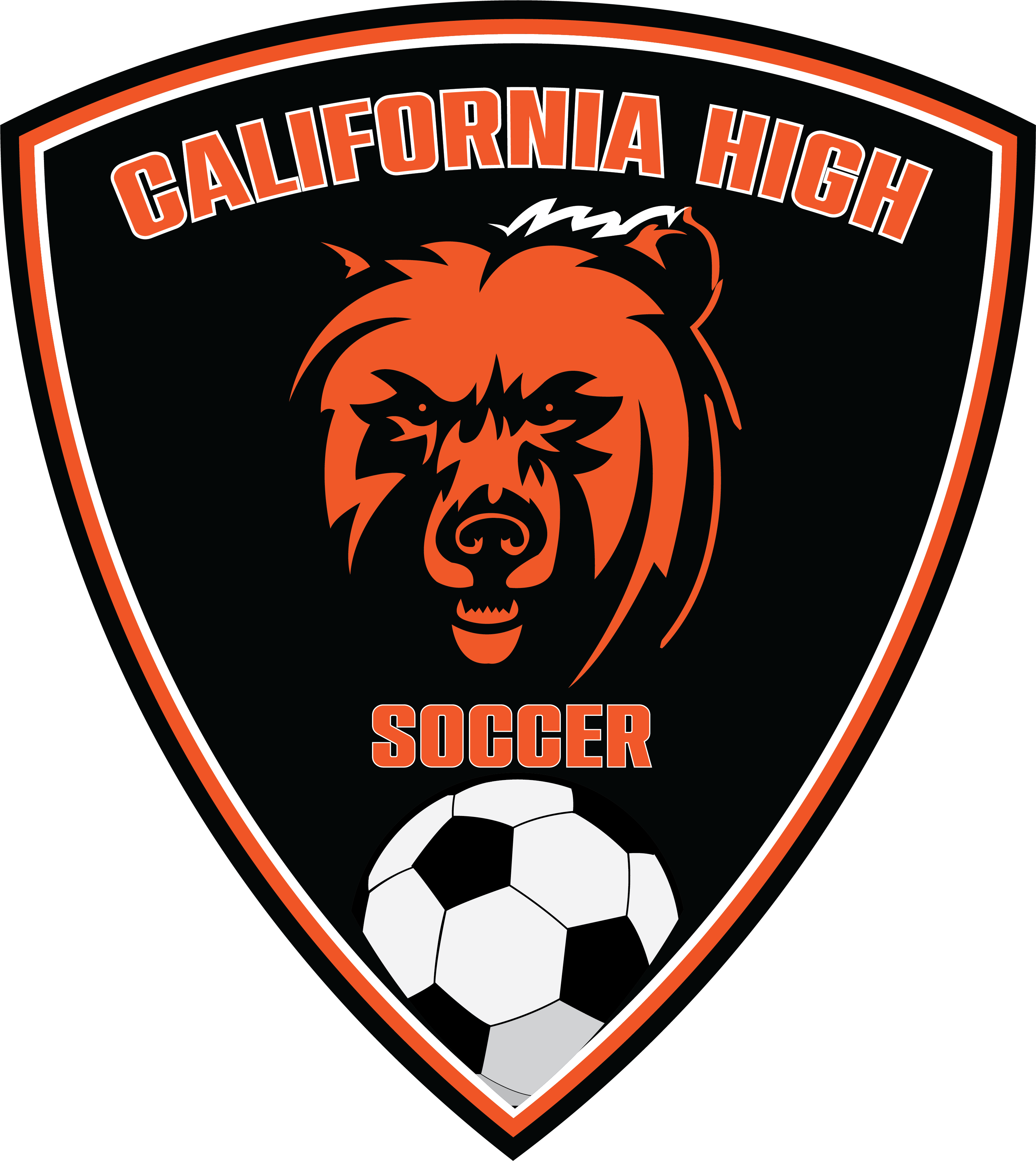 Sports logo for California High Soccer featuring an orange grizzly bear head, a soccer ball, and orange text on a black shield background.