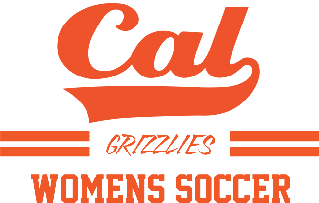Orange logo for Cal Grizzlies Women's Soccer. Stylized "Cal" script sits above "GRIZZLIES" in brush italics and "WOMENS SOCCER" in collegiate block lettering.