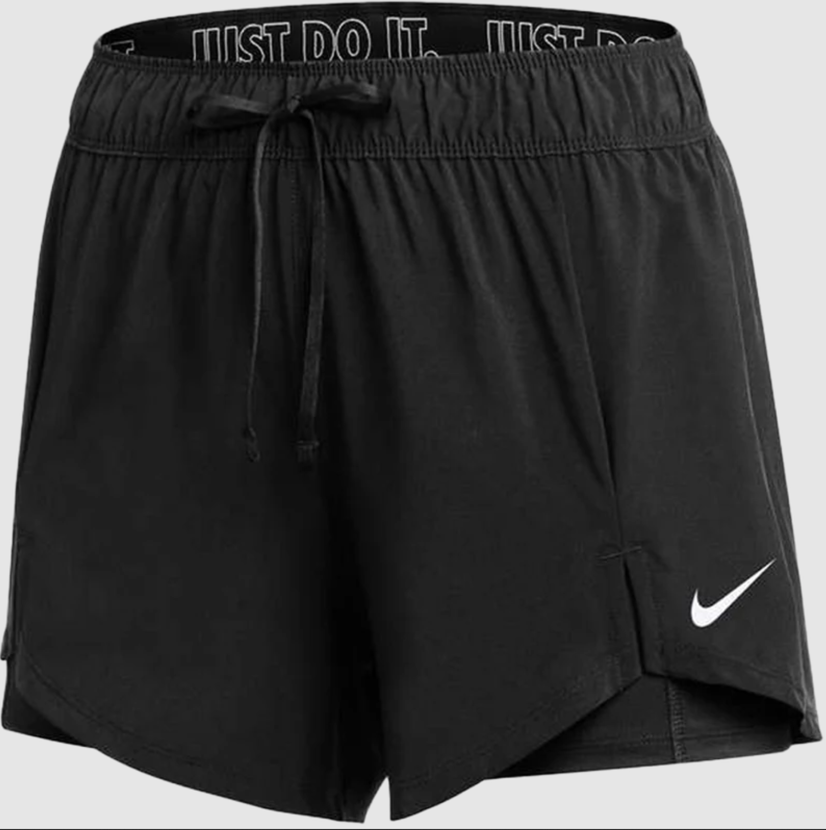 Black Nike layered athletic shorts with an elastic drawstring waistband and white swoosh logo. The inner waistband features the "JUST DO IT." slogan.