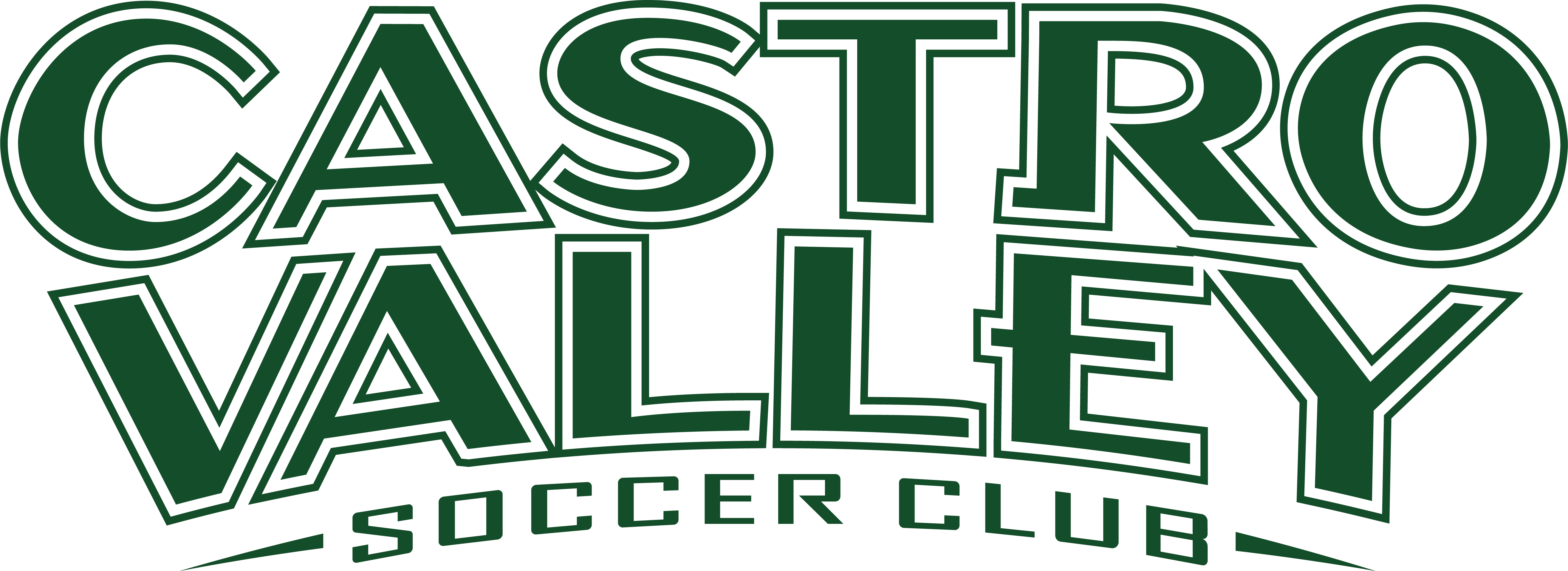 Logo for Castro Valley Soccer Club featuring bold, dark green athletic-style typography with white outlines.