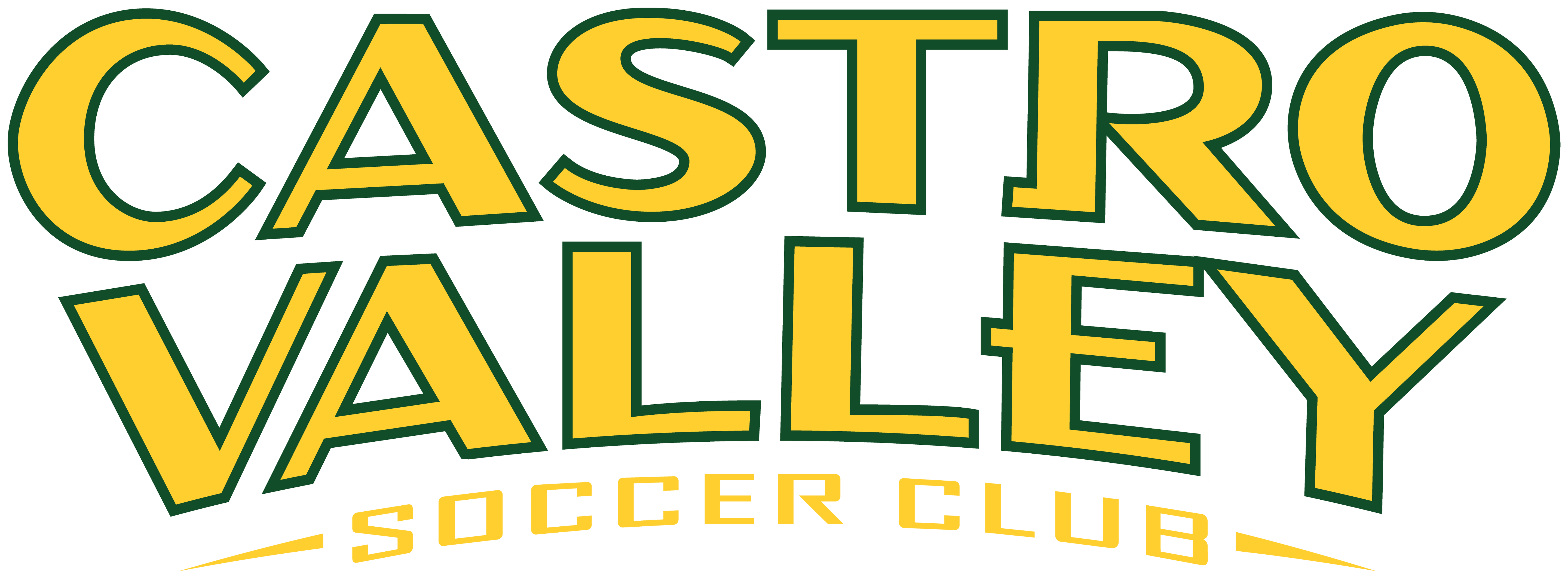 Logo for Castro Valley Soccer Club. Bold yellow block text with green and white outlines on a black background.