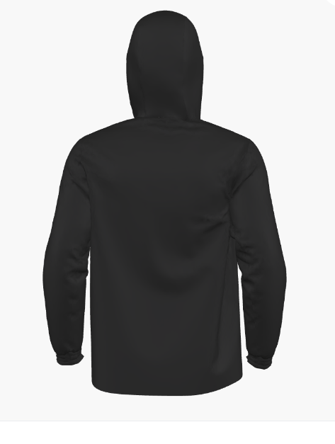 Rear view of a plain, long-sleeved black hoodie with the hood up, shown against a light grey background.