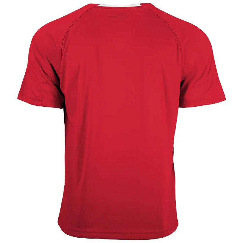 The back view of a red short-sleeved athletic t-shirt with raglan sleeves and a small white trim at the neckline.