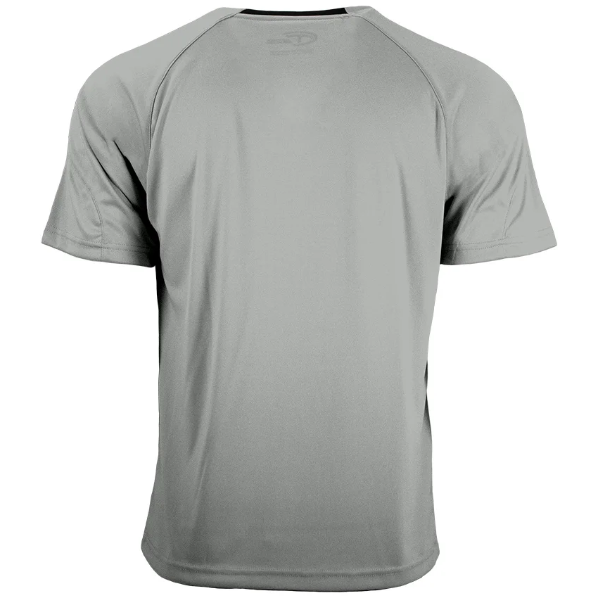 Back view of a light grey short-sleeve athletic t-shirt with raglan sleeves and a simple crew neck.