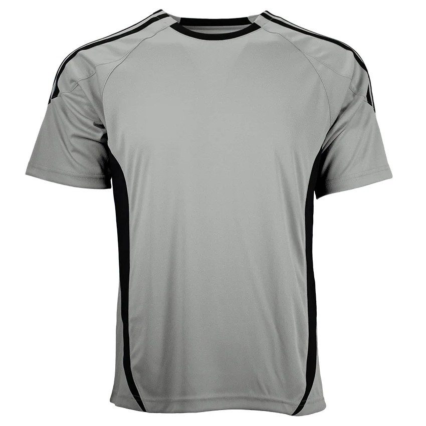 Light grey short-sleeved athletic t-shirt featuring black side panels, a black crew neck, and double black stripes along the shoulders.