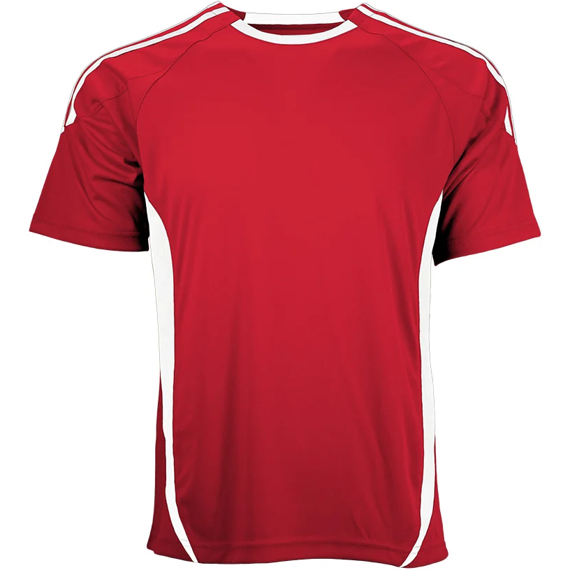 Red short-sleeved athletic jersey with white side panels and white stripe accents on the shoulders and crew neck collar.