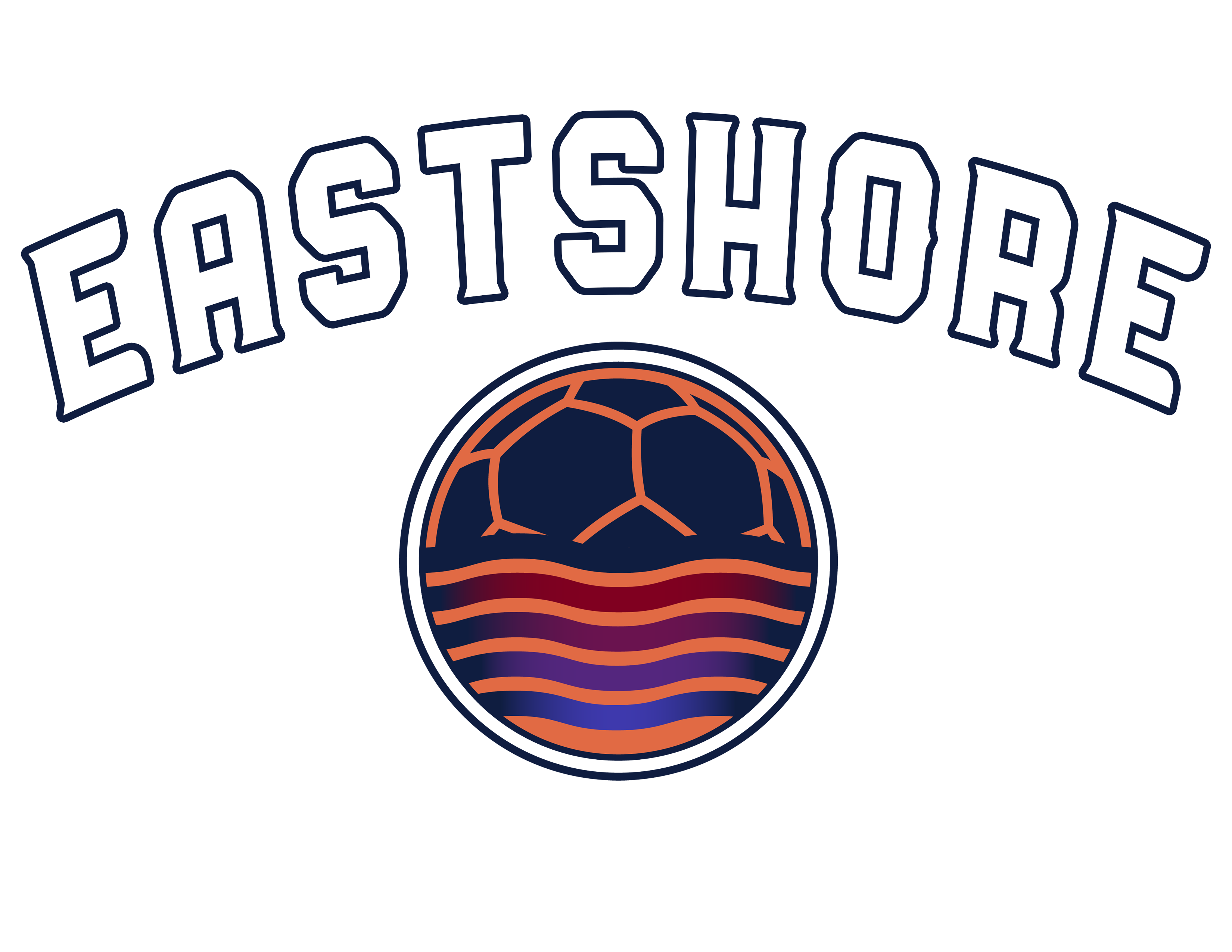 Logo with arched "EASTSHORE" text above a circular emblem of a soccer ball setting like a sun over colorful waves.