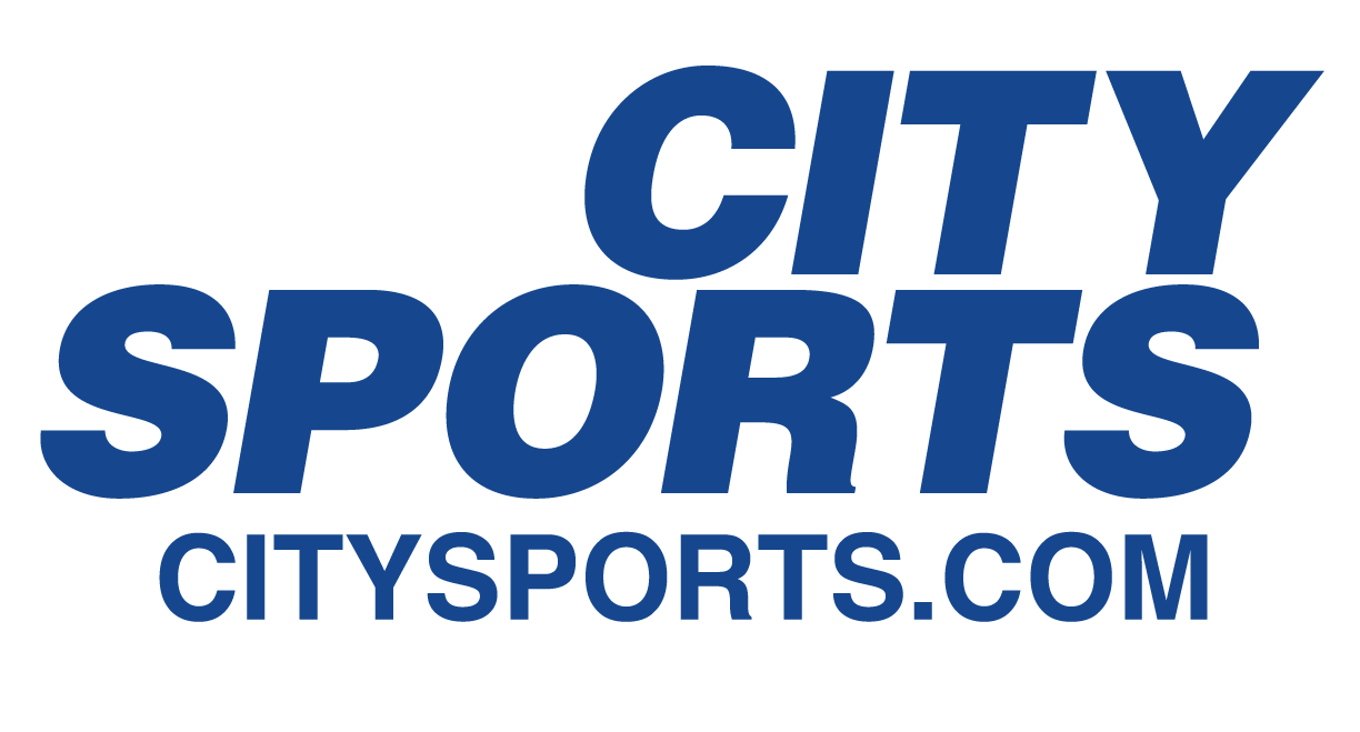 Blue "CITY SPORTS" logo in bold, italicized font above the URL "CITYSPORTS.COM" on a black background.