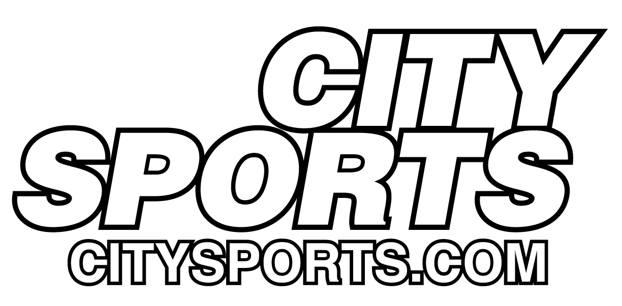 Logo for "CITY SPORTS" featuring large, bold, white italicized text above the website "CITYSPORTS.COM" on a solid black background.