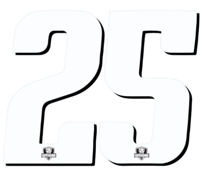 Large white number 25 with a black drop shadow. A small shield-shaped "Coppermine" soccer logo is positioned at the base of each digit.