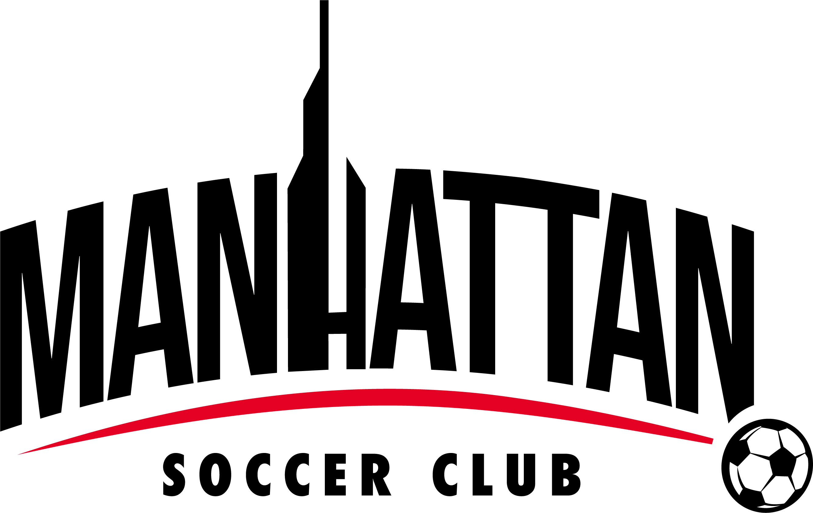 Manhattan Soccer Club logo with arched black text, an Empire State Building silhouette, a red curved line, and a soccer ball icon.