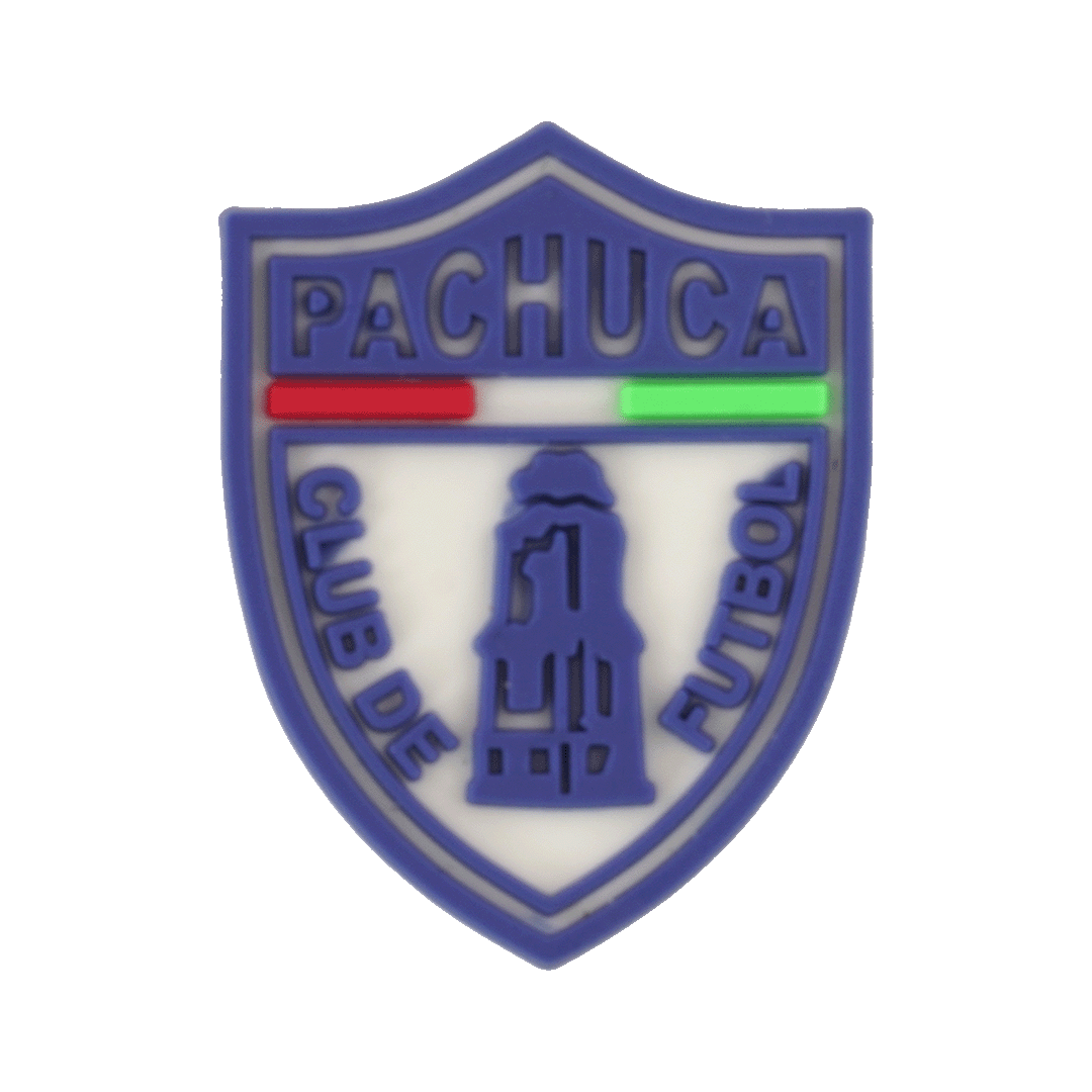 A blue and white shield logo for Pachuca Club de Futbol with red and green bars and a central illustration of the Monumental Clock of Pachuca.