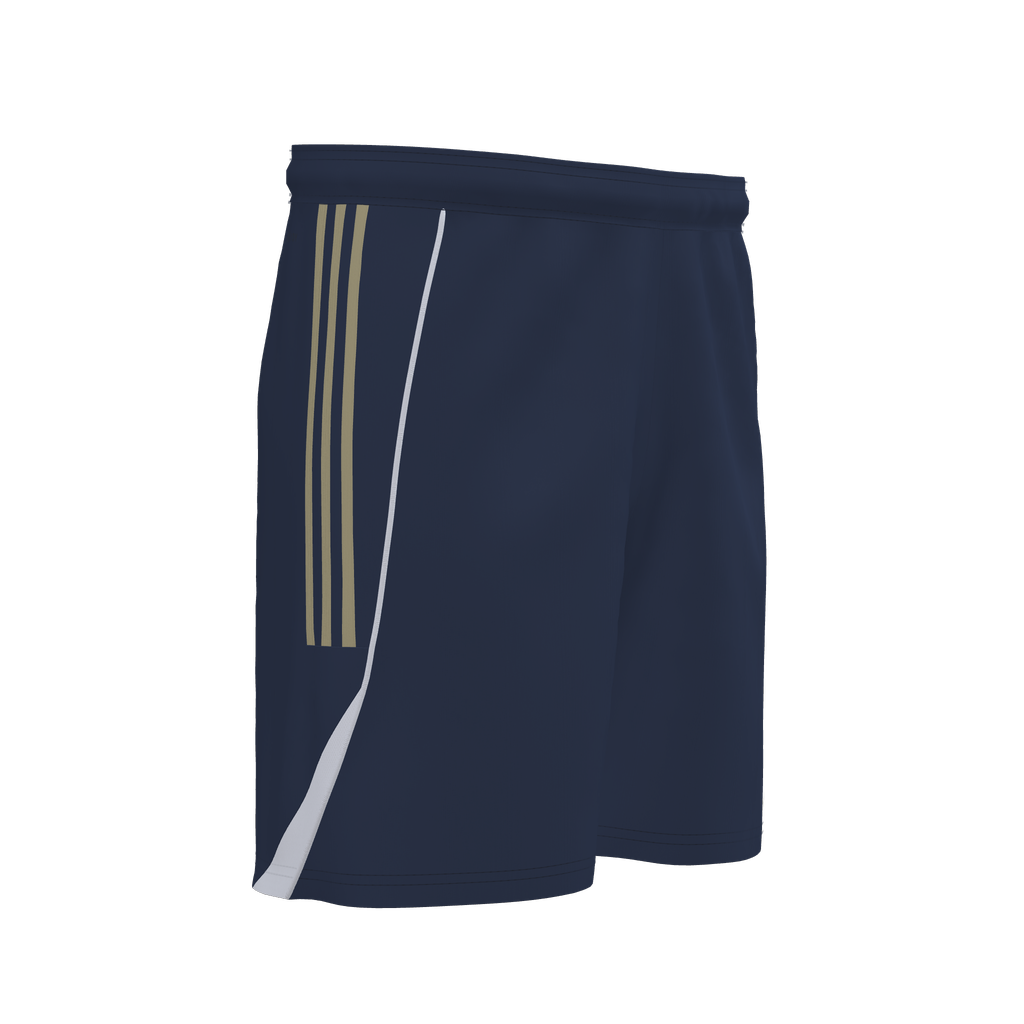 Navy blue athletic shorts with three gold vertical stripes and a curved white trim on the side.