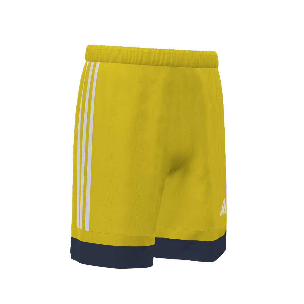 Yellow athletic shorts featuring three white vertical side stripes, a dark navy hem, and a white Adidas logo on the lower leg.